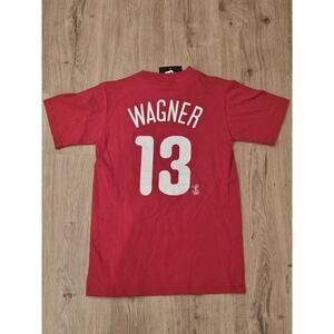 Vintage Majestic Philadelphia Phillies Phi Wagner #25 TShirt Mens Size S Red.